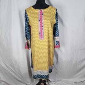 BIN SAEED Size Medium Mayan Gold Lawn Dress Crochet‎ Trim Detail India Pakistan